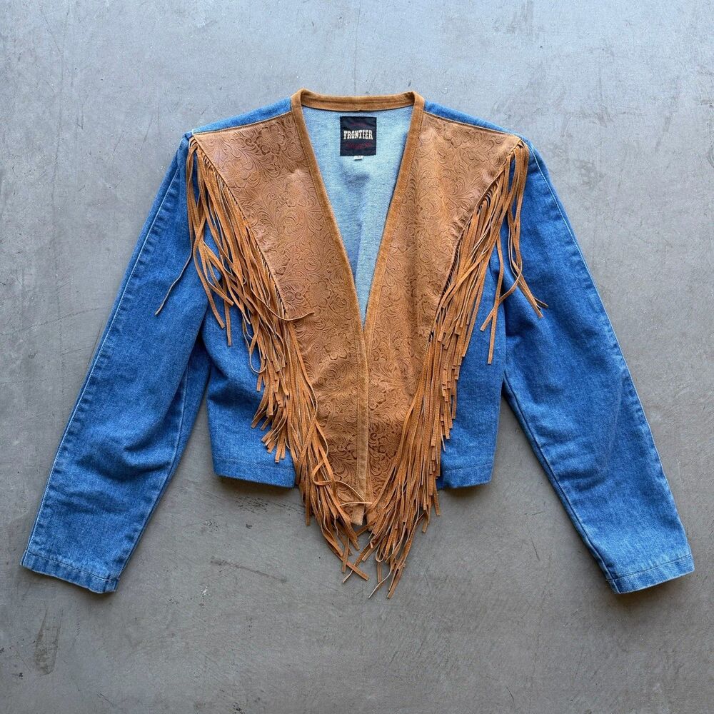 North Frontier American Denim Jacket Womens M Western Fringe Pig Leather Floral